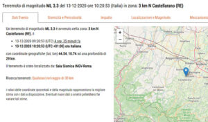 Lieve scossa di terremoto a Castellarano (RE): magnitudo 3.3